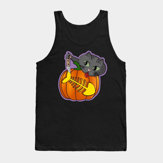 Funny Black Cat Pumpkin Carving Party Halloween Tank Top by Redmanrooster